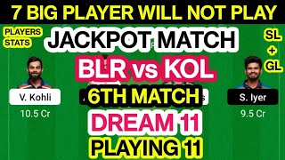 BLR vs KOL Dream 11 Team Prediction | BLR vs KOL Dream 11 Team Analysis Playing11 Pit Rep 6th Match