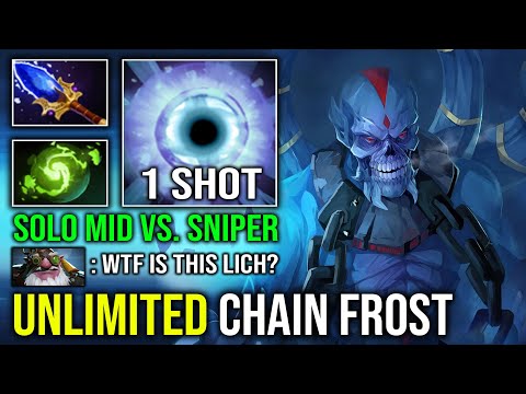 How to Mid Lich Against Annoying Sniper with 1 Shot Chain Frost 100% Full Aghanim Effect Dota 2