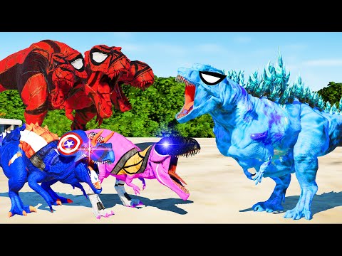 (Jurassic World Evolution🌍)ice Godzilla vs Captain Ultima,3 head SpiderMan T-Rex Dinosaurs Fight