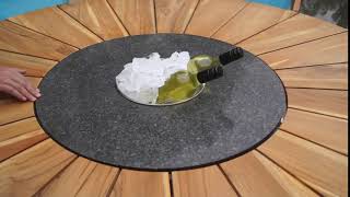 STERN Cardiff Garten-Essgruppe, silber/taupe, Edelstahl/Teak, Tisch Ø 170 cm, 4 Stapel-, 2 Klappstühle, FSC®-zertifiziertes Produkt