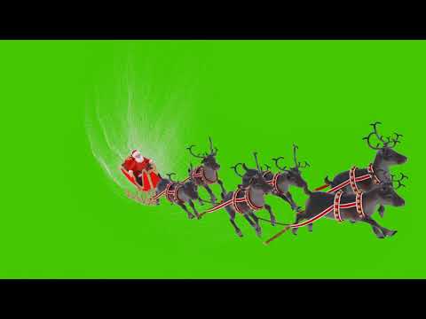 Santa Claus on a sleigh with Christmas reindeer. Animation in front of green screen.