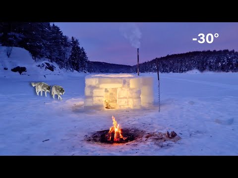 Building an Ice Igloo in -30°  - AMBUSHED BY WOLVES in The Middle of The Frozen Lake