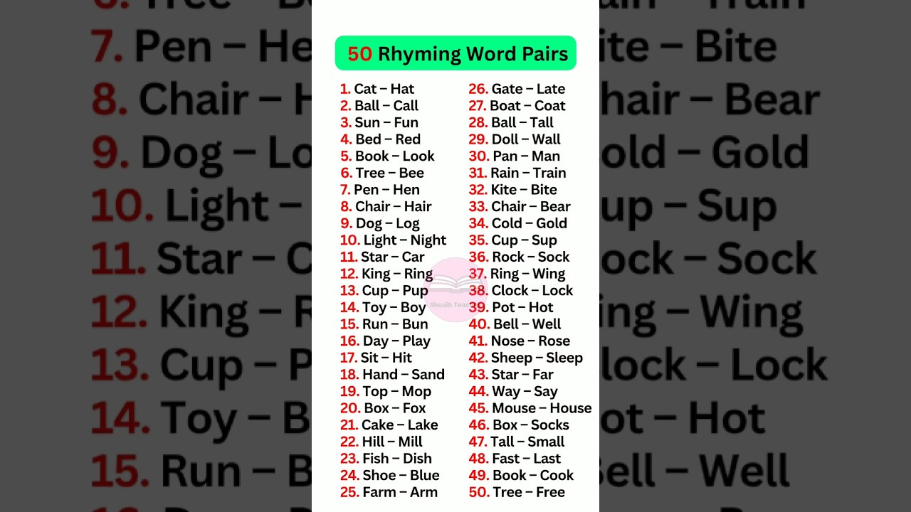 50 Rhyming Word Pairs 👨‍🏫#english #grammar