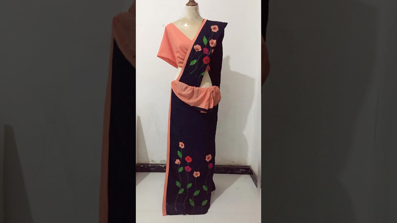 Soft cotton patchwork & hand painted saree #041