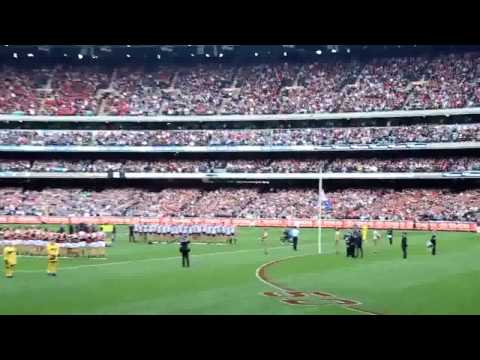 2012 ANZAC day football match Ceremony and singing national anthem Collingwood Essendon
