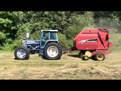 Ford 8210 and New Holland BR780 making 5x5 round bales.