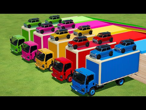 TRANSPORTING MINI COOPER COLORED CARS WITH ISUZU COLORED TRUCKS - Farming Simulator 22