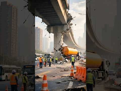 Seconds from Collapse: Tanker Trapped Under Failing Bridge 🚛 #fail #bridge #construction #disaster