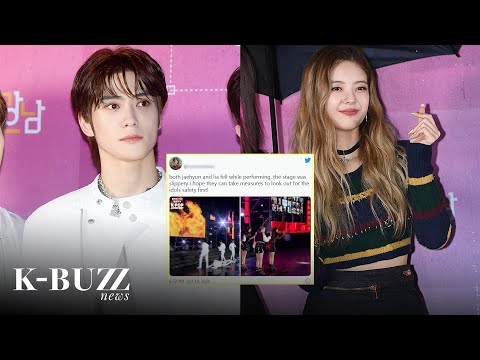 Fans are worried after NCT 127 and ITZY members slip and fall on stage while dancing in the rain