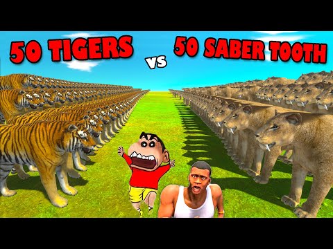 50 TIGERS vs 50 SABER TOOTHED TIGER in Animal Revolt Battle Simulator with SHINCHAN CHOP FRANKLIN