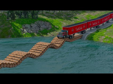 Cars Vs Log Bridge River Crossing Car Stunt Deep Water - BeamNG.Drive