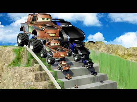 Big & Small Mater & Jackson Storm vs Giant Stairs: Downhill Race - BeamNG.drive