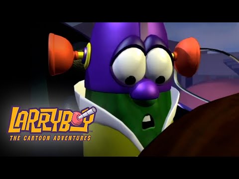 LarryBoy: The Cartoon Adventures logo with a surprised purple character peering over a steering wheel in a cockpit.