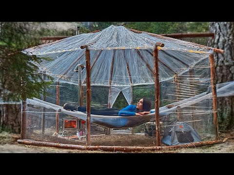 Building Hot Winter Cabin with Plastic Wrap | Luxury Survival camp in the woods | ASMR