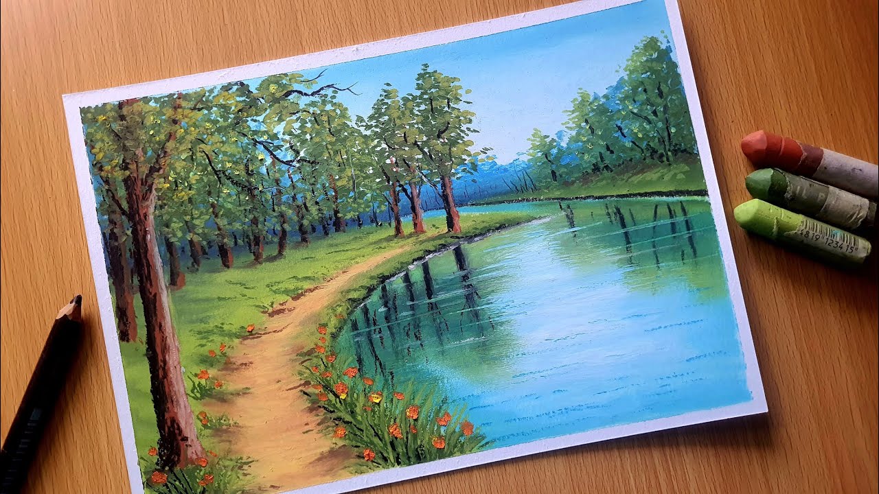 Oil Pastel Nature Drawing for Beginners / PATHWAY IN FOREST / Oil Pastel Scenery Landscape Drawing