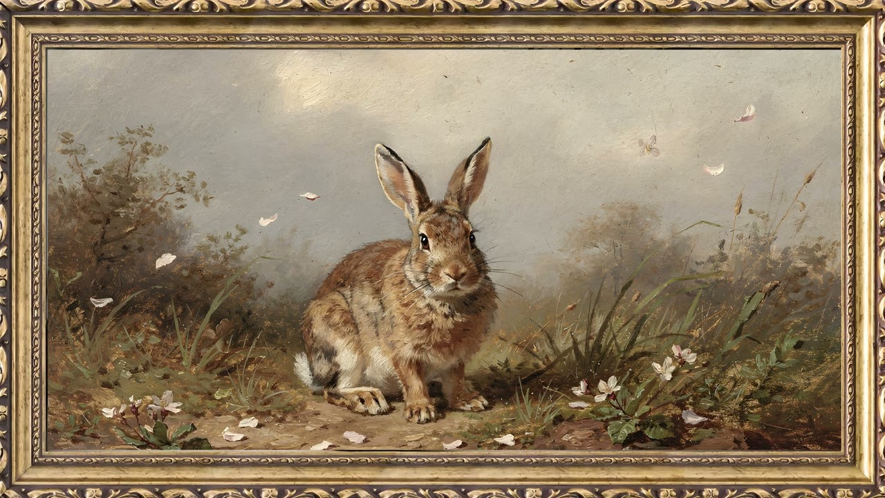 Vintage Bunny Painting in Gold Frame | 4K Easter Art for Frame TV 2 Hours — 4K ambient art screensaver in baroque gold frame