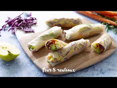 Recette de cuisine : rouleau de printemps chou rouge avocat carotte pomme sauce amande curcuma