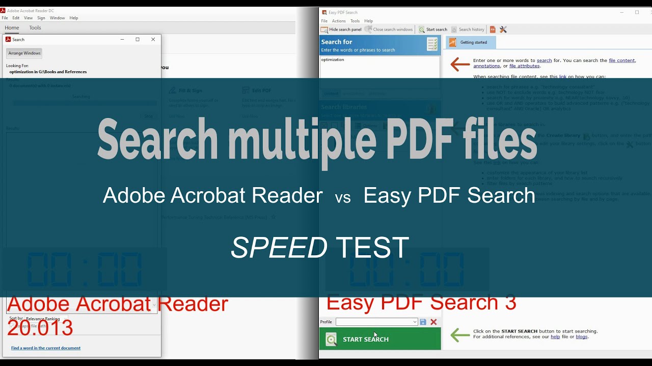 Search multiple PDF files using Acrobat Reader and Easy PDF Search -  speed comparison