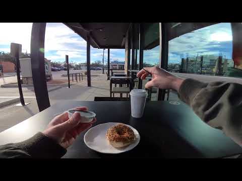 STARBUCKS POV BREAKFAST DIRTY SOY LATTE AND BAGEL CREAM CHEESE RELAXING EATING MUKBANG ASMR 