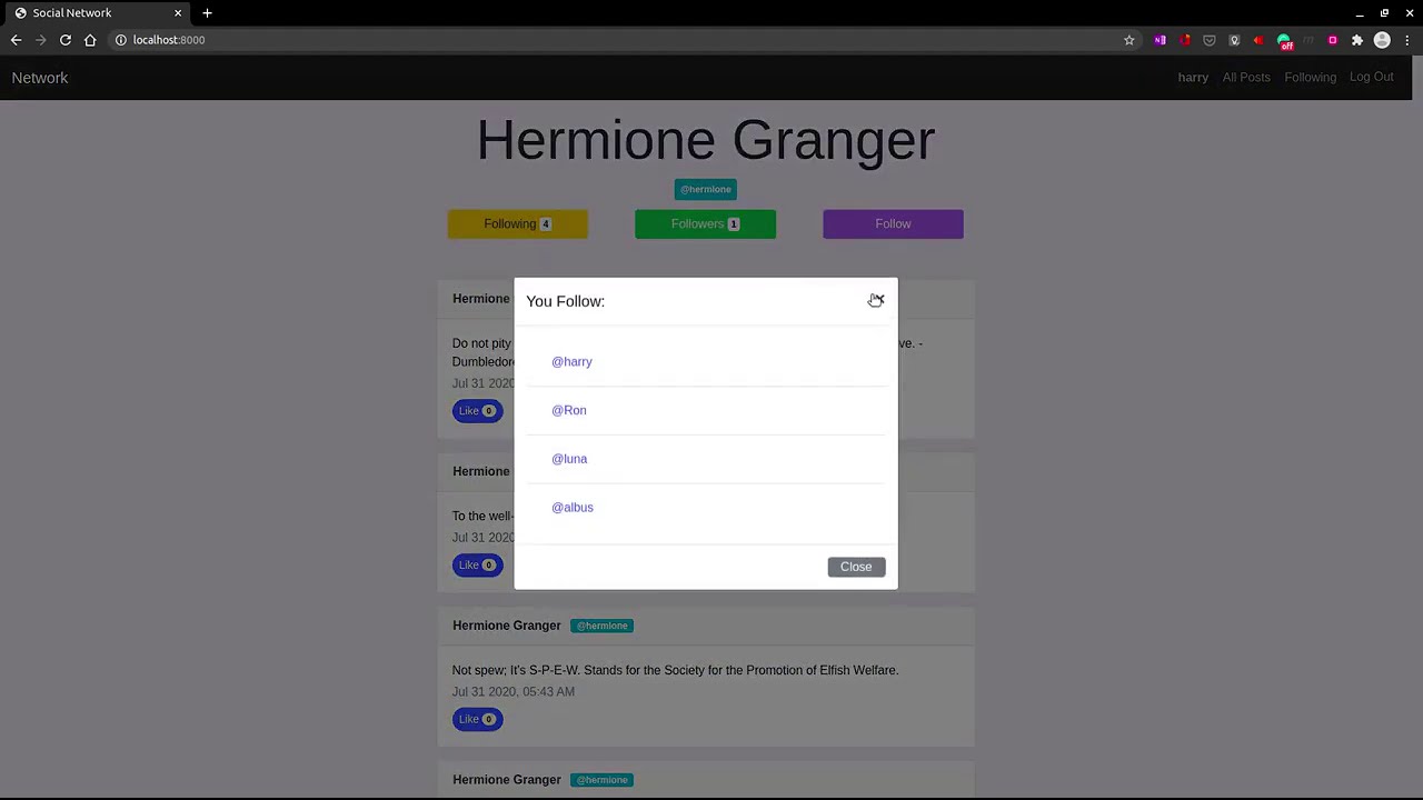 CS50 Web | Project 5 | Network | Python and JavaScript