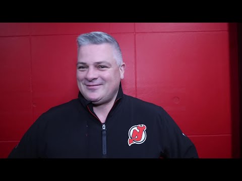 Sheldon Keefe speaks prior to Devils visiting Maple Leafs