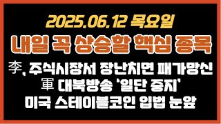 25.06.11(수) 내일 핵심 테마,종목/李대통령, 주식시장서 장난치면 패가망신/대북방송 일단중지/미국 스테이블코인 입법 눈앞/#미래에셋증권 #일신석재 #더즌 #한국정보인증