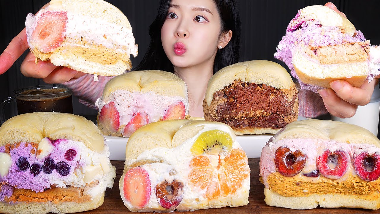 ASMR MUKBANG | 꾸덕쫄깃 샌드베이글 🍓🍊 🍫🍒🫐 먹방! Chewy and Creamy Fruits Bagel ✨ Dessert Bread