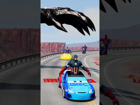 Funny Cars Crossing Spikes Bollard Gate with Giant Venom Slap Hand in BeamNG.drive