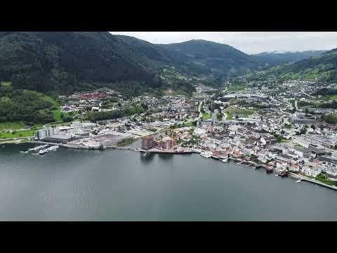 Drone flight over the town of Sogndal in Western Norway