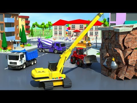 Construction de jardin d'enfants avec Grue de boule de démolition et camion