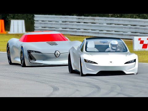 Renault Trezor vs Tesla Roadster at Brands Hatch