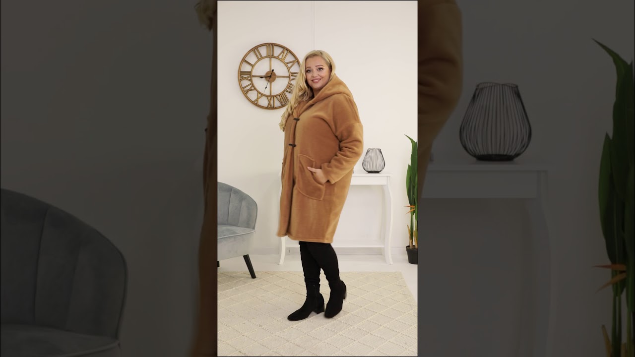 Płaszcz alpaka OFELIA wełniany ciepły puszysty kaptur