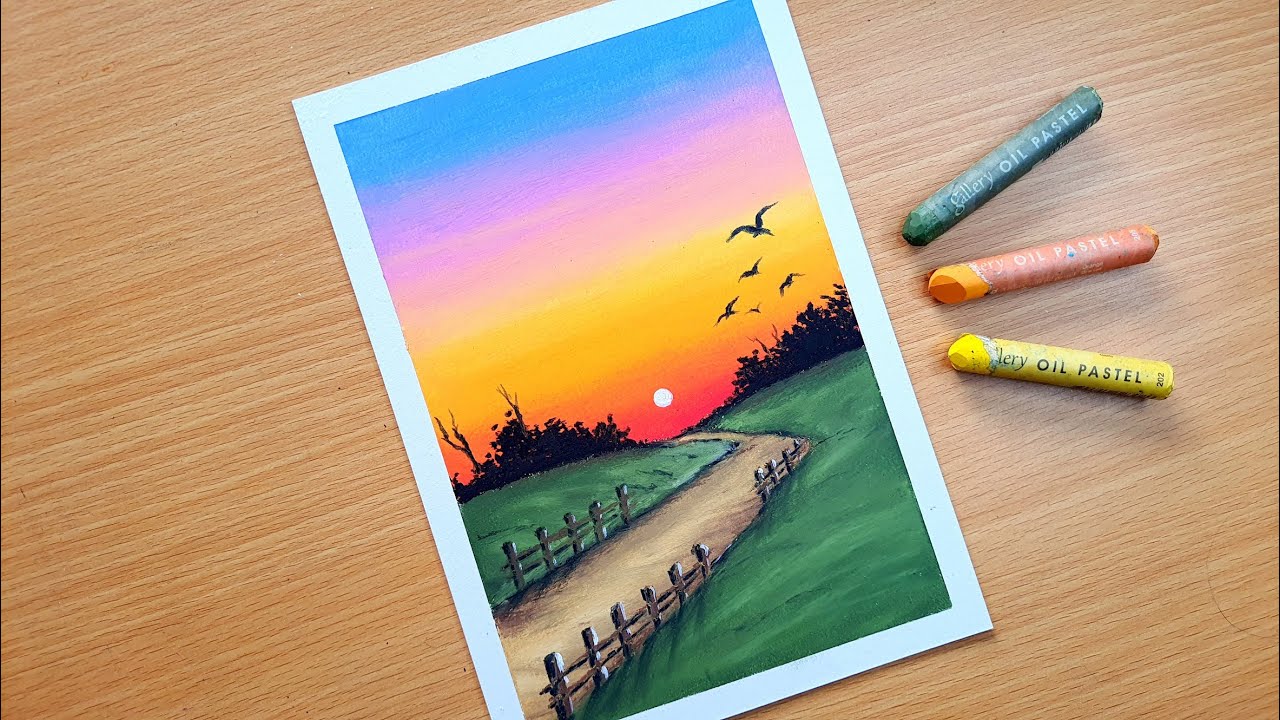 Oil Pastel Sunset Scenery Painting for Beginners | PATHWAY IN SUNSET | Easy Oil Pastel Drawing