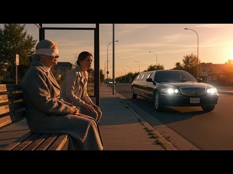 Blindfolded Sunset Pact: A Desolate Bus Stop Rendezvous with the Shadowy Limousine at Golden Hour