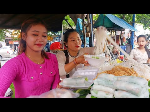 Yellow Pancake, Spring Roll, Rice Noodles, Fried Meatball, Wonton, & More - Cambodia Street Food
