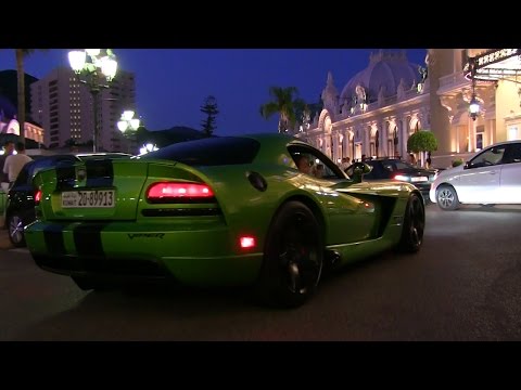 LIME GREEN Dodge Viper SRT-10 from Kuwait drives around Casino Square in Monaco
