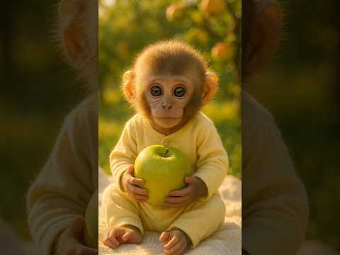 Cute Baby Monkey Holding a Green Apple 🍏 | Adorable Animal Video