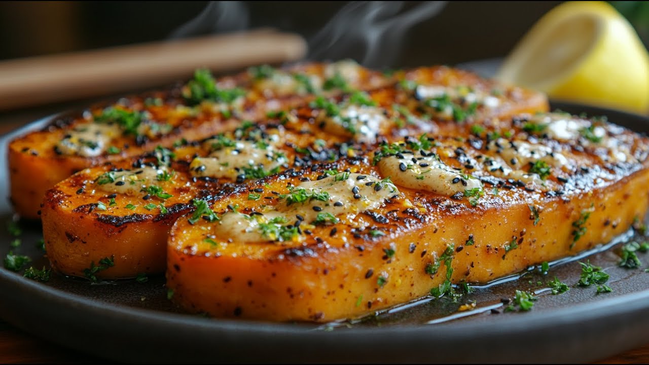 Crispy Sweet Potato Steaks with Garlic Cashew Sauce by Vegan Recipes — recipe photo