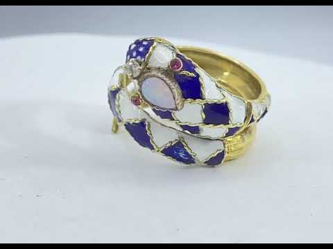 SOLD antique DIAMOND ,RUBY, OPAL enamel snake ring 18k yellow GOLD