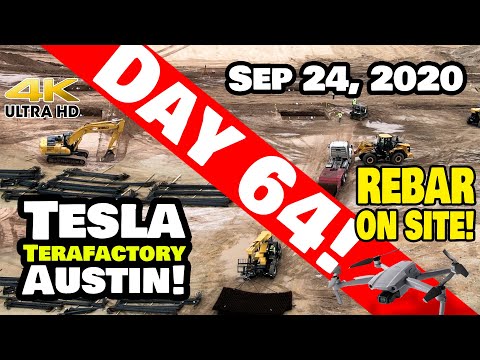 Tesla Gigafactory Austin 4K  Day 64 - 9/24/20 - Tesla Terafactory TX - REBAR ON SITE!