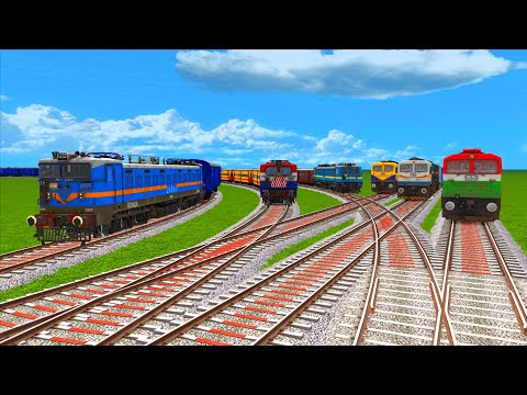 6 TRAINS CROSSING ON BUMPY SAME LINE SHARP BEND RAILROAD TRACK #37 BeamNG.Drive | Train Simulator