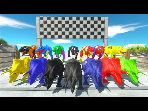 x7 Triceratops VS x7 T-rex Marvel's Avengers Speed Race - Animal Revolt Battle Simulator