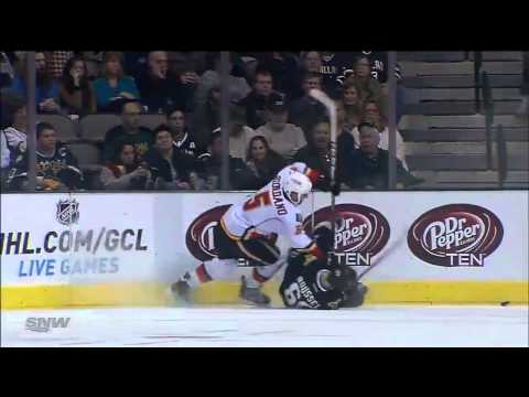 Mark Giordano slew foot on Antoine Roussel. Feb 17th 2013