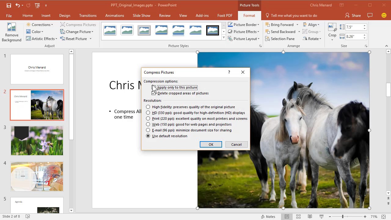 Compress all images in PowerPoint presentation at one time by Chris Menard