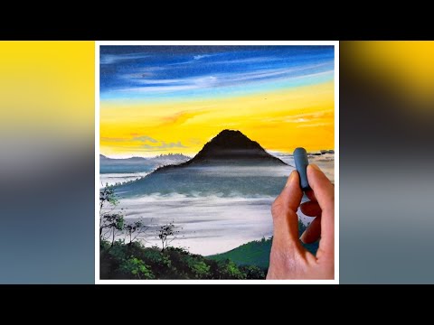 Drawing of the beautiful sunrise at Mount Batur from Indonesia - realistic oil pastel drawing