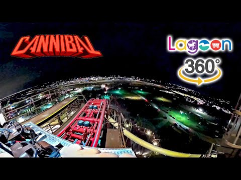 VR 360 Cannibal Roller Coaster at Night Front Seat On Ride POV Lagoon Amusement Park 2023 09 30