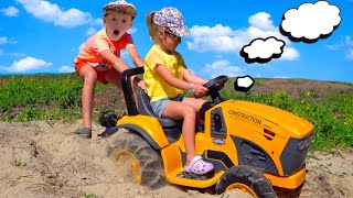 Car Toy Excavator Play. Tractor stuck in the sand came to the rescue Truck and Excavator