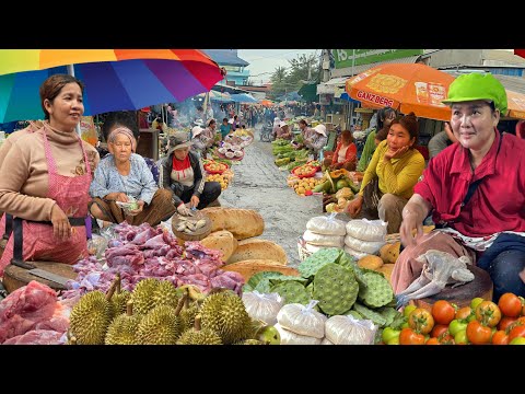 Amazing Cambodian Wet Market Food Scenes & Lively Fish, Fruits, People Activities & Food Scenes