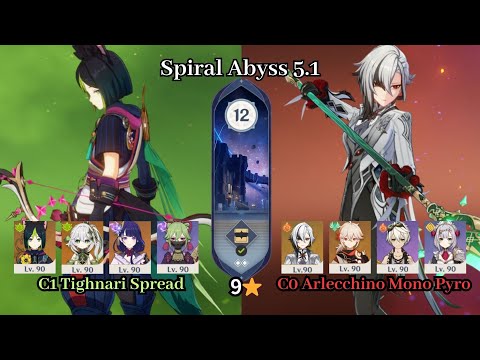 C1 Tighnari Spread & C0 Arlecchino Mono Pyro | 5.1 Spiral Abyss | Full Star Clear | Genshin Impact