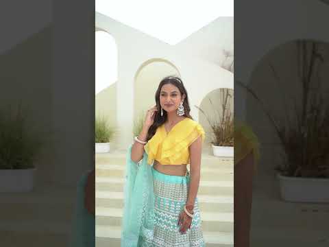 Sky & Yellow Graceful Organza Lehenga Set with Sequins & Foil Embroidery – Semi-Stitched Lehenga, Unstitched Blouse & Net Dupatta